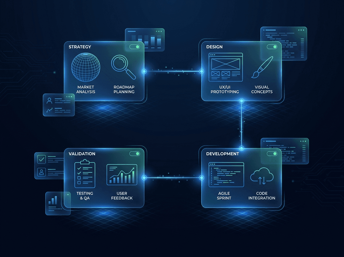 Diagrama tecnológico de metodología con estrategia, diseño, validación y desarrollo